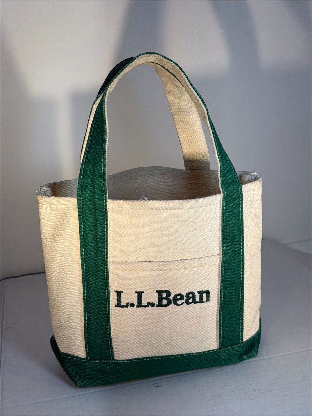 L.L. Bean Cream Canvas Boat and Tote Green Trim Tote Bag